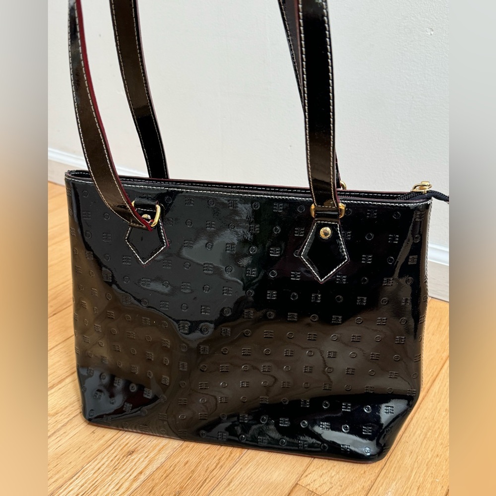 Arcadia Italian Bag Black Patent Leather print Tote Shoulder Handbag Zip Top